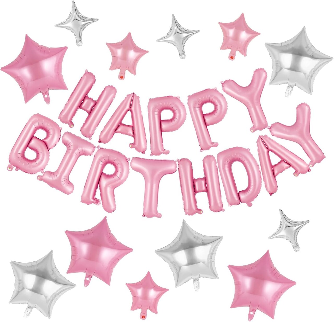 Pink Happy Birthday Balloon Banner – 16” Letter Balloons with 12 Star Foil Balloons, Birthday Party Backdrop Decorations for Women, Men, Boys & Girls (Pink)